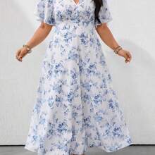 Clasi Loose V-Neck Batwing Sleeve Blue & White Ceramic Print Casual Holiday Plus Size Dress - Azul - Ver 1