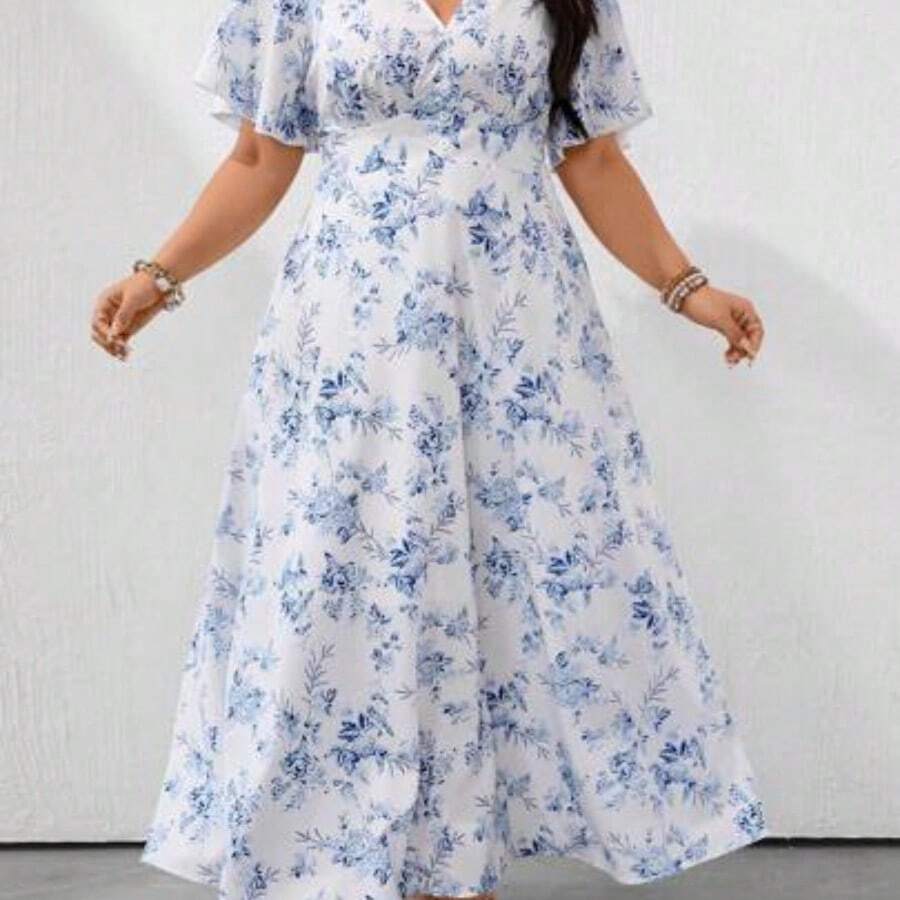 Clasi Loose V-Neck Batwing Sleeve Blue & White Ceramic Print Casual Holiday Plus Size Dress - Azul - Ver 1
