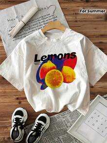 Camiseta con Estampado Gráfico, Manga Corta, Cuello Redondo, Top Casual para Verano y Primavera, Ropa de Mujer, Camiseta de Manga Corta de Algodón Puro - Blanco - Ver 1
