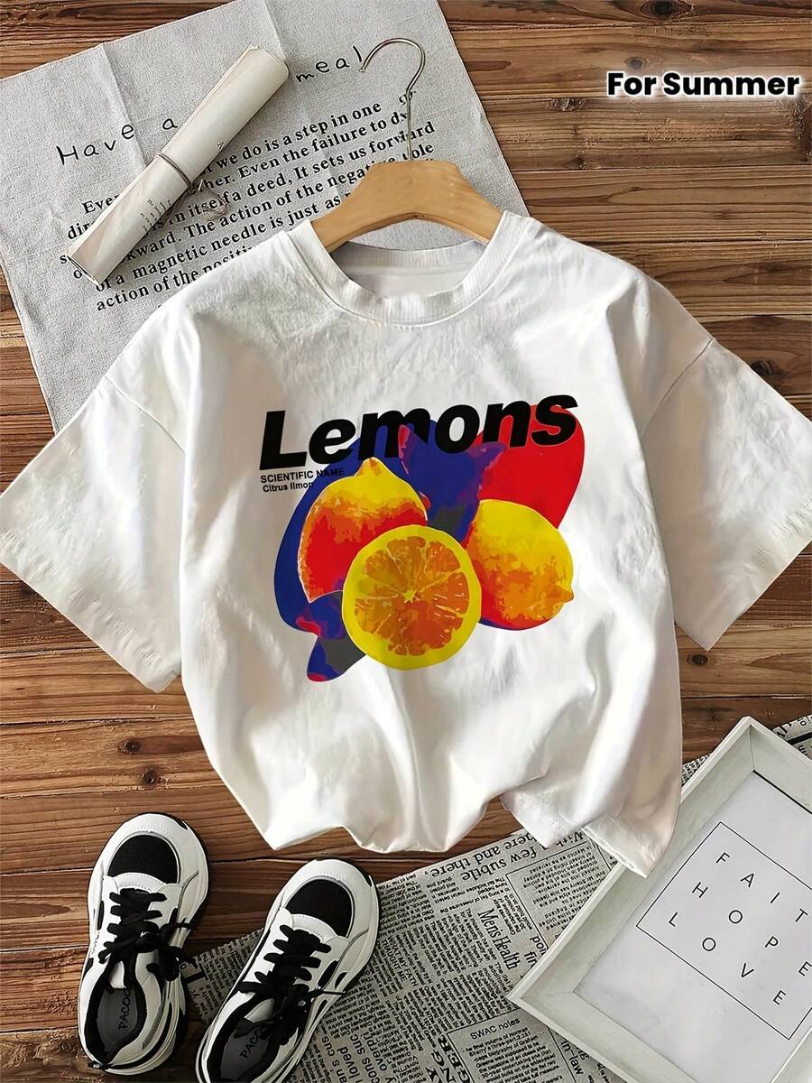 Camiseta con Estampado Gráfico, Manga Corta, Cuello Redondo, Top Casual para Verano y Primavera, Ropa de Mujer, Camiseta de Manga Corta de Algodón Puro - Blanco - Ver 1