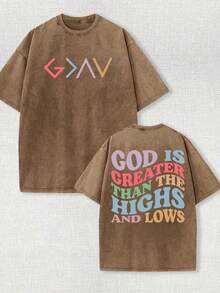 Camiseta lavable de doble cara con la impresión "Dios es mayor que todo", camiseta de marca de moda vintage de algodón batik de alta calidad, regalo para las fiestas, regalo de Navidad y Halloween. - marrón café - Ver 8