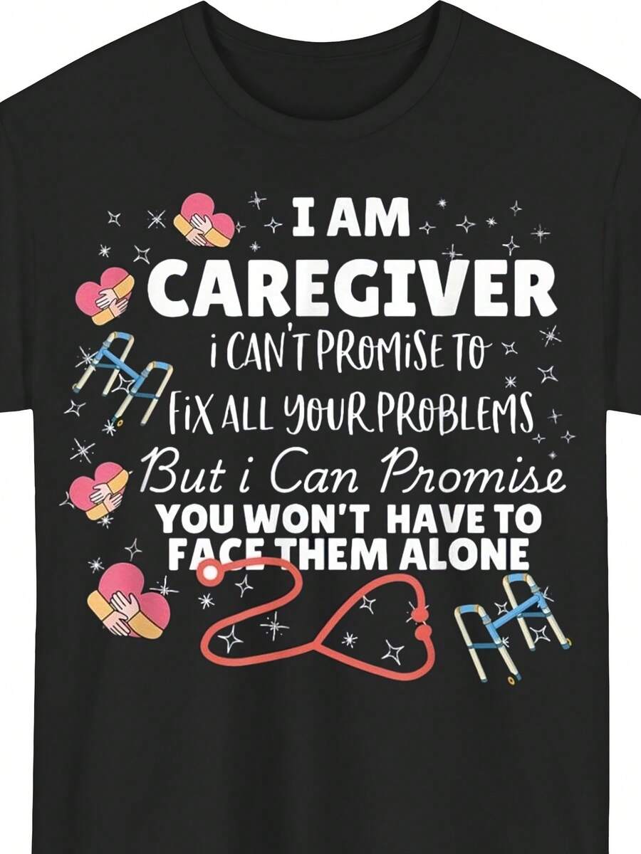 Funny Graphic T-Shirt For Caregivers - "I'm A Caregiver" Print, 100% Comfortable And Breathable Casual T-Shirt For Men And Women, Short Sleeve Design With Floral And Footwear Illustrations, Perfect For All Seasons, Extra Long Plus Size - 黑色 - 查看 1