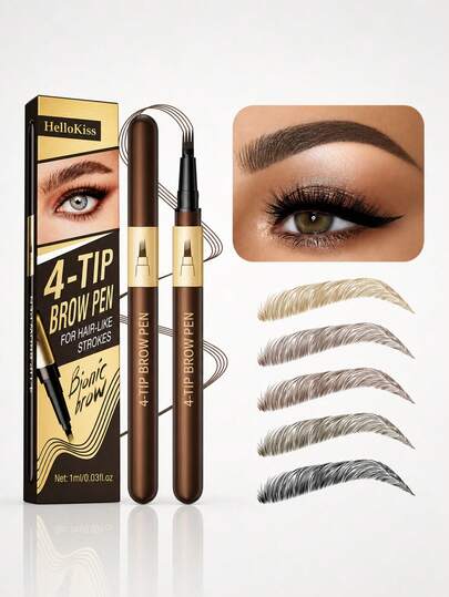 HelloKiss Bolígrafo para microblading de 4 puntas, delineador de cejas de punta de tenedor resistente al agua y de larga duración para trazos naturales, lápiz de maquillaje de cejas fácil de usar para rellenar, dar forma y definir cejas escasas, lápiz de tinte de cejas natural para maquillaje diario y look de cejas principiante