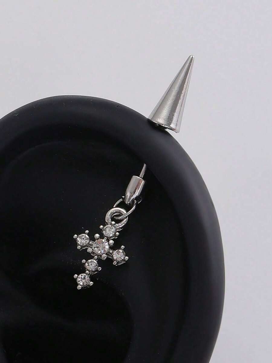 1pc Stainless Steel Cross Spike Pendant With Rhinestones, Minimalist Fashion Jewelry Earring For Women, Suitable For Daily Wear And Parties