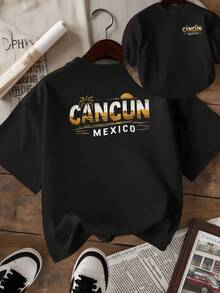 Golden Sunset With Palm Trees Facing The Sea That Evokes The Serenity Of Cancun And Reflects The Energy Of The Sun On The Horizon. Women's T-Shirt With Double Print, Comfortable Casual Wear For Walking And Traveling. - 黑色 - 查看 1