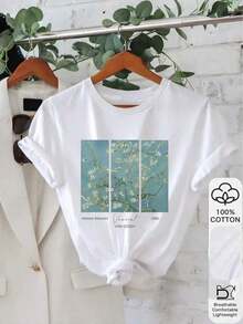 Solt 1PC Camiseta casual de manga corta para mujer con estampado de Almendro en flor de Van Gogh, adecuada para todas las estaciones.gráfico graphic - Blanco - Ver 6