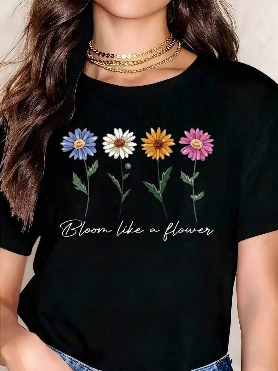 Camiseta de Mujer Azul, Blanca, Naranja, Rosa con Flores de Margarita y Hojas Verdes, Casual, Cuello Redondo, Manga Corta, Perfecta como Regalo de Cumpleaños, Adecuada para Usar en Todas las Temporadas, para el Uso Diario al Aire Libre. - Negro - Ver 1