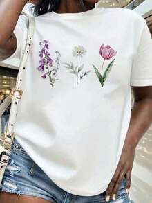 Camiseta con Estampado Floral para Mujer, Top Casual de Manga Corta de Verano con Diseño de Margaritas, Tulipanes y Vaino para Uso Diario y Temporada de Primavera - Blanco - Ver 6