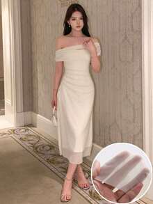 Vestido de hombros abiertos de unicolor, vestido de fiesta elegante para cumpleaños, Año Nuevo, baile de graduación, vestido de cóctel de hombros descubiertos de largo maxi - Beis - Ver 2