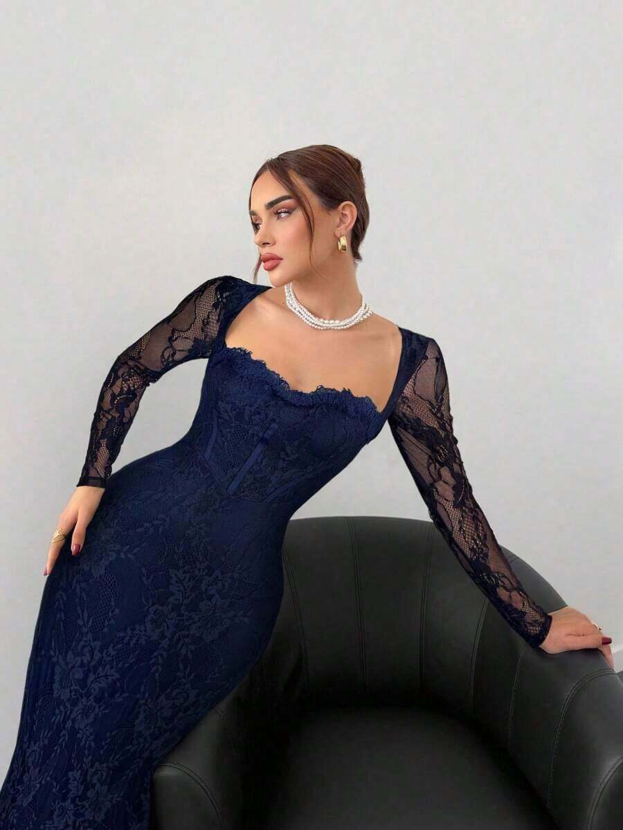 Vestido negro ajustado hasta el suelo con cuello corsé ahuecado y mangas largas con encaje en forma de S sexy para mujer para fiestas, citas y banquetes de otoño/invierno nuevo - Azul marino - Ver 1