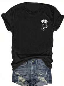 Camiseta de manga corta con cuello redondo y diseño estampado de letras y labios, holgada y versátil, para mujer, primavera/verano 2024 - Transpirable y agradable para la piel. - Negro - Ver 3