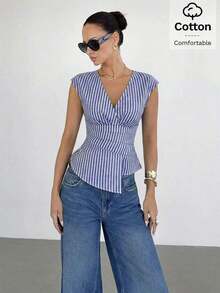 Blusa de mujer de cuello en V a rayas, versátil para uso diario, atuendos casuales de mujer, atuendos de verano de mujer, blusas casuales para mujer, blusas de mujer para el verano, blusa de cuello en V a rayas - azul real - Ver 5