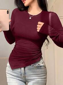 Camiseta de manga larga ajustada con diseño asimétrico para mujer, color negro, para verano - Burdeos 3 - Ver 7