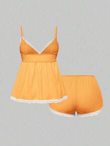 Conjunto de pijama casual de camiseta de tirantes acanalada y shorts con encaje - Naranja - Ver 2