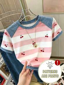Camiseta de manga corta de ajuste ceñido con estampado digital de rayas de frutas, versátil para mujer.Camiseta con estampado de cerezas todo sobre, camiseta de cerezas, camiseta de rayas, camiseta de frutas - Rosa 2 - Ver 5