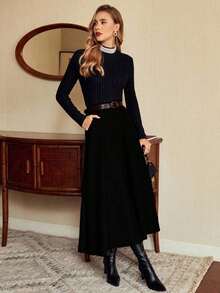 DECDS Falda elegante vintage para mujer con bolsillos y cinturón a cuadros, falda casual de vacaciones, falda gris de otoño, invierno y Navidad, falda para invitada de boda - Negro - Ver 7