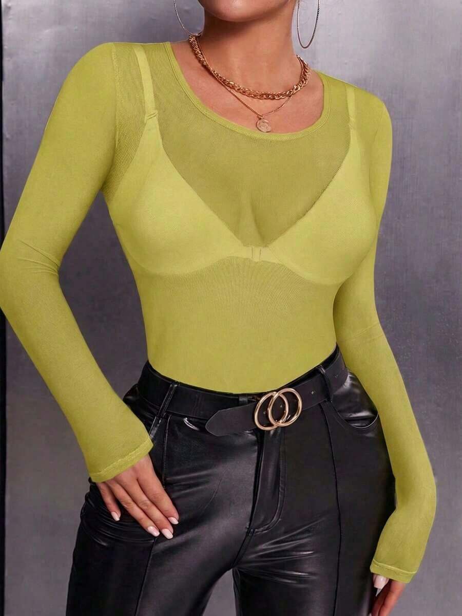 Camisa Femenina Transparente De Malla Ajustada De Color Sólido Para El Verano - Verde - Ver 1