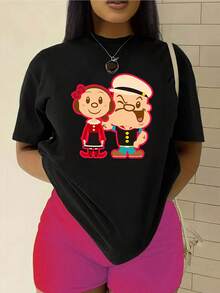 Women's Fashionable T-Shirt, Featuring The "Mighty Man From And " Pattern Print, Made Of 100% Pure Cotton With A Round Neck And Short Sleeves. It Is Comfortable And Breathable, Casual And Elegant, A Must-Have For Summer. - 黑色 - 查看 10