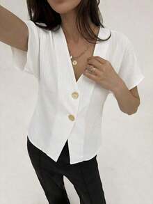 Camisa blanca sólida con mangas de murciélago, doble botonadura y frente abierto elegante - Blanco 3 - Ver 7