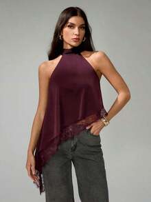Tall Blusa sin mangas elegante y formal con cuello halter asimétrico, adorno de encaje y hombros descubiertos para fiesta, cóctel, boda o salida nocturna en primavera, verano y otoño - Burdeos - Ver 4