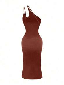 Vestido midi ajustado de unicolor y sexy para mujer - Marrón - Ver 2