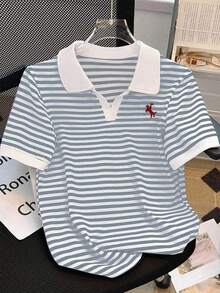 Camiseta de manga corta con cuello de polo a rayas casual de verano para mujer - Multicolor 4 - Ver 4