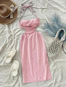 Vestido largo con espalda calada y lazo, cuello drapeado, lazo en la cintura, abertura alta, adecuado para vacaciones, festivales de música, estilo bohemio, vacaciones, citas, té de la tarde - Rosa - Ver 1
