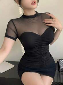 Blusa corta de manga corta de malla transparente elegante y ajustada para mujer, con parches de lunares de malla, ideal para primavera y verano, de uso versátil para San Valentín, boda, fiesta, banquete - Negro - Ver 6