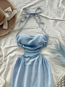 Vestido largo con espalda calada y lazo, cuello drapeado, lazo en la cintura, abertura alta, adecuado para vacaciones, festivales de música, estilo bohemio, vacaciones, citas, té de la tarde - Celeste - Ver 4