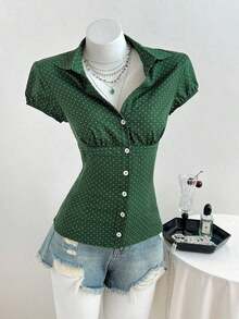 Camisa de mujer con cuello en V, cintura fruncida y manga corta, color blanco, para primavera/verano - Verde Oscuro - Ver 1