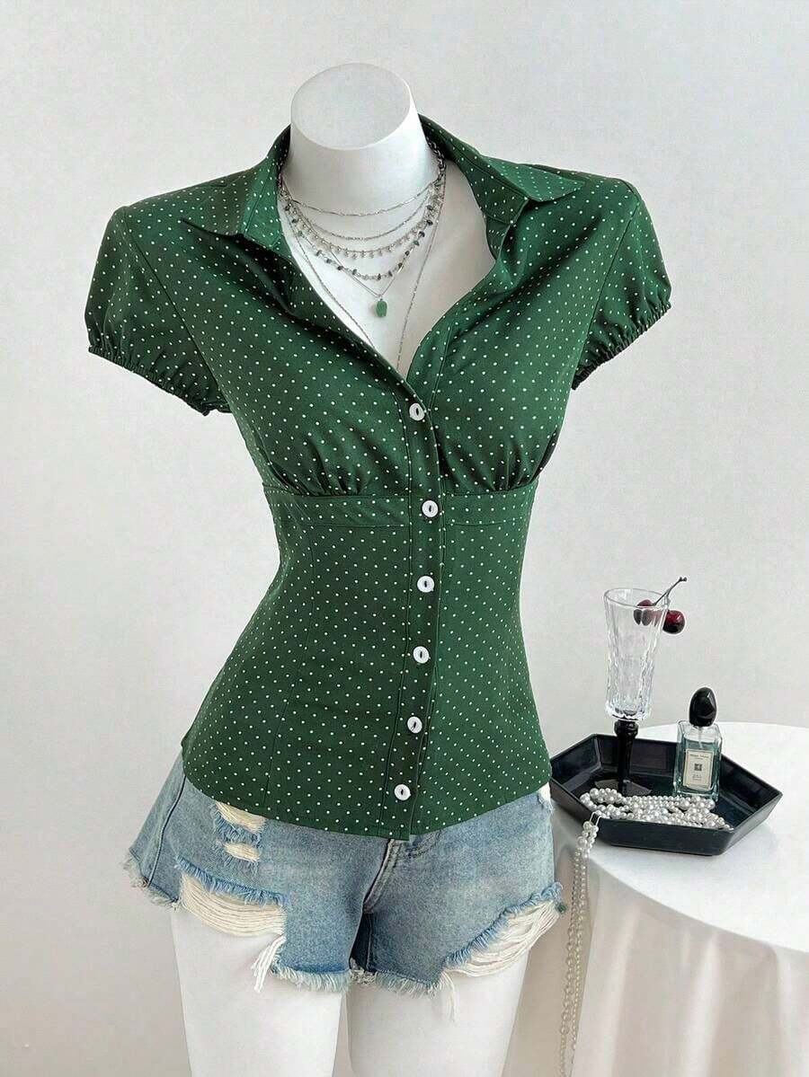 Camisa de mujer con cuello en V, cintura fruncida y manga corta, color blanco, para primavera/verano - Verde Oscuro - Ver 1