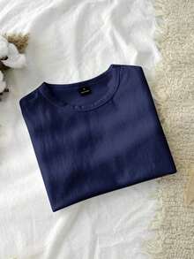 95% algodón. Camiseta corta de manga corta, cuello redondo, ajustada y recortada de unicolor minimalista casual para mujer, vintage, softgirl, elegante. Se puede usar en todas las estaciones, old money, salidas de verano, en casa, vuelta al cole, otoño. - Azul marino - Ver 9