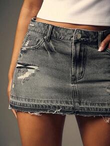 Minifalda vaquera de denim con dobladillo deshilachado y bolsillos en diagonal - Gris - Ver 6