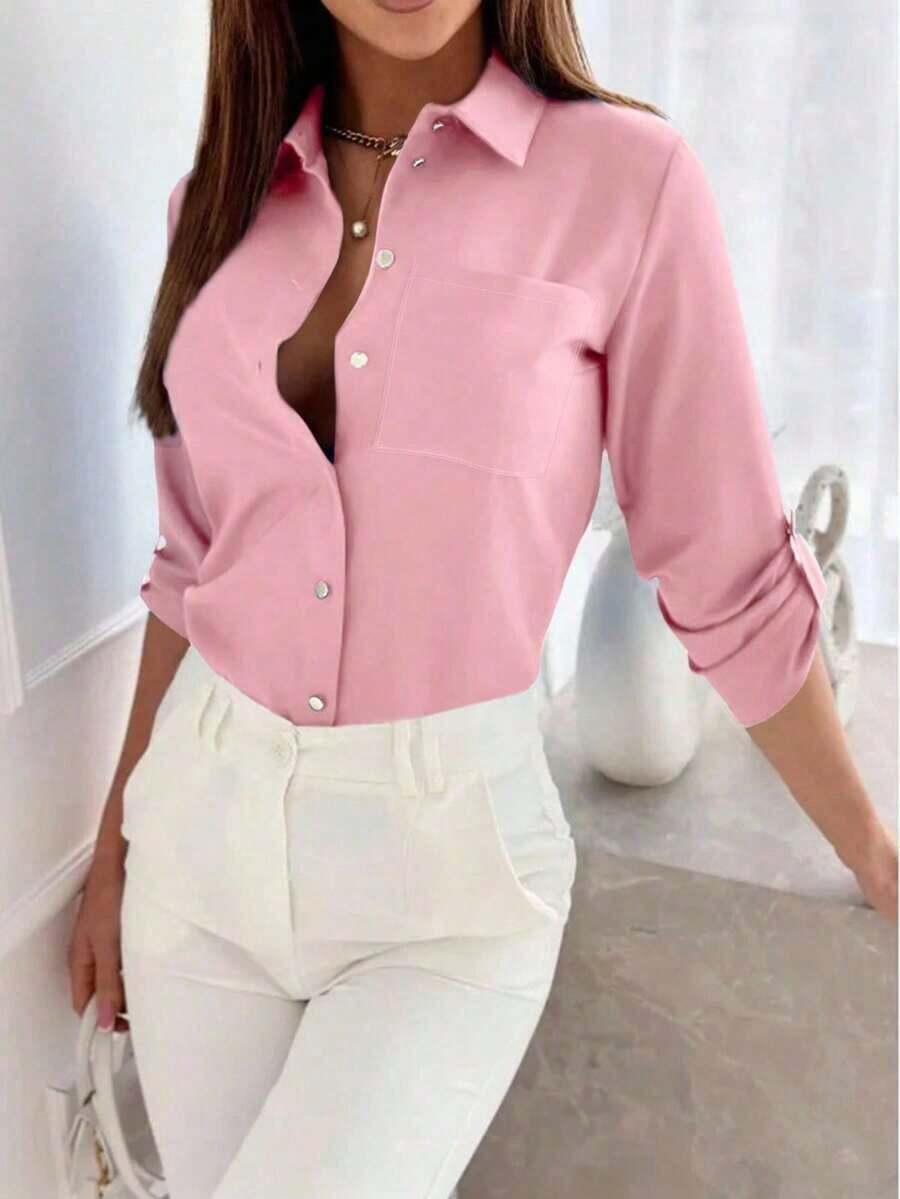 Camisa de mujer de manga larga de unicolor casual con puño - Rosa - Ver 1