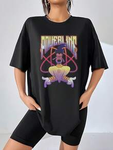 Animated Character Figure Conveying Energy And Confidence With Purple And Yellow Gradient Colors Evoking Inner Power And Universal Connection; Comfortable Casual Women's T-Shirt For Everyday Wear - Black - View 6