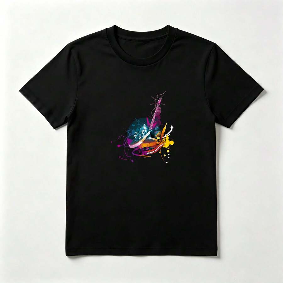 Playera Rockera con Estampado de Guitarra con Salpicaduras de Algodón Negro - Negro - Ver 1