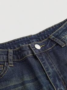 Girlism Jeans casuales acampanados con bolsillos y bordado de letras con estilo grunge y punk de moda Y2K para adolescentes, jeans para niñas para vuelta al colegio en otoño - Azul lavado oscuro - Ver 4
