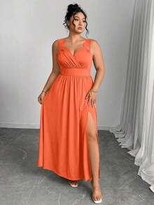 Elenzya Vestido línea A con cuello en V, contraste de encaje, tirantes finos y abertura para tallas grandes - Naranja - Ver 4