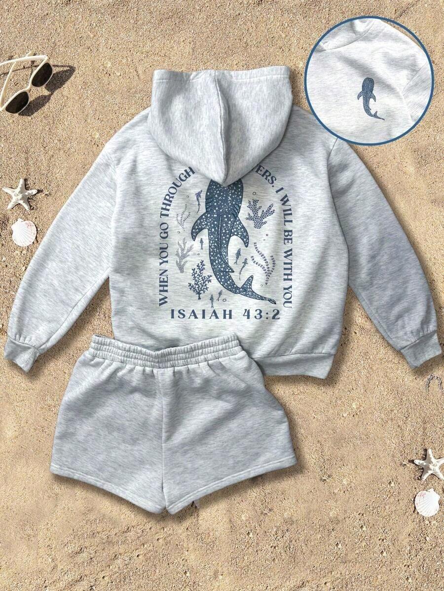 Conjunto de sudadera con capucha y pantalones cortos con gráfico de eslogan para vacaciones en la playa, conjunto de sudadera con capucha y pantalones cortos para mujer, conjunto de sudadera con capucha y pantalones cortos con estampado de ballena tiburón, conjunto de sudadera con capucha gris y pantalones cortos para otoño e invierno, ropa de otoño e invierno para volver al colegio - Gris 3 - Ver 1