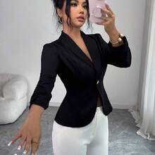Elenzya Elegant Rose Gold Metal Button Waist Cinched Shawl Neck Black Long Sleeve Women Thin Blazer - Negro - Ver 6