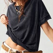 Casual Solid Color Knit Round Neck Short Sleeve Loose Butterfly Cutout Back Women T-Shirt,Summer Top - Morado - Ver 3