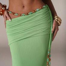 Women's Casual Vacation Ruched Waist Chain Decor Skirt, Suitable For Beach Vacation, Romantic Date, Pool Party, Beach Party, Elegant And Sexy Skirt - Verde - Ver 7
