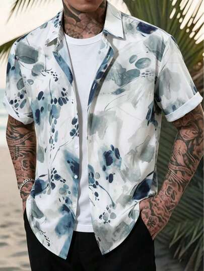 Áo sơ mi nam tay ngắn cài nút, in họa tiết nhuộm tie-dye.