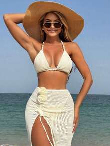 Conjunto de traje de baño de 3 piezas con parte superior de bikini triangular con decoración floral tejida y falda con abertura lateral para mujer, para vacaciones en la playa en verano - Beis - Ver 4