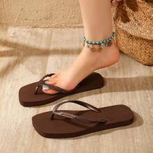 Summer Casual Square Toe Flip Flops, Fashionable English Buckle Design, Suitable For Beach, Vacation, Daily Wear, Valentine's Day, Girlfriend Getaway. Beach Sandals., Boho Chic - Chocolate Brown - View 13