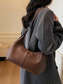 1件迷你簡約設計軟PU純色多功能迷你斜挎包，女款腋下/手持小錢包，PU材質，便攜迷你款 - 咖啡 - 查看 5