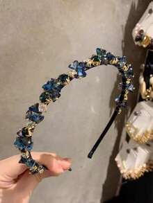 一款街头风优雅轻奢手工串珠深海蓝水钻发箍，搭配高端法式复古宴会头饰发饰 - 藍色 - 查看 4