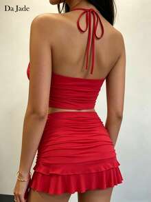 Da Jade Women's Sweet & Sexy Red Spaghetti Strap Deep V-Neck Tie Ruched Crop Top + Ruffle Hem Bodycon Mini Skirt 2-Piece Set, Summer Beach/Date/Party/Vacation Outfit - Red - View 3