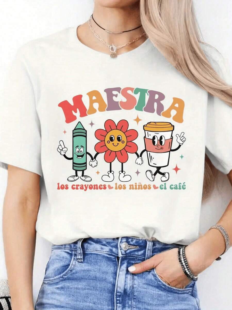 Solt Vintage Celebrando El Amor De Una Maestra Con Un Lápiz Flor Y Café Animados La Camiseta Ideal Para La Docente Que Ilumina Vidas Camiseta De Mujer Cómoda Y Con EstiloFashion graphic - Blanco - Ver 1