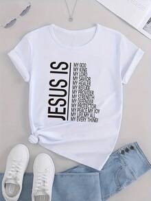 Camiseta con gráfico inspirado en la fe cristiana para mujer.Camiseta de mezcla de algodón suave y cómoda con estampado religioso inspirador.Estilo casual para el día a día.Ideal para regalar (negra). - Blanco - Ver 6